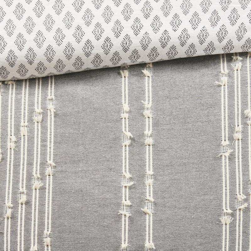 3 housse de couette très grand / très grand - coton, fond gris avec imprimé, boutonné, attaché en coin, réversible, lavable à la machine, 100% coton, 3 bandes de literie, fermeture à boutons, attaches intérieures,