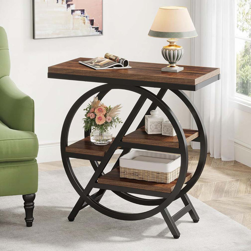 Table de bout étroite 25,59 pouces à 3 niveaux avec rangement - Table d'appoint en bois d'ingénierie avec cadre noir (brun rustique et noir)