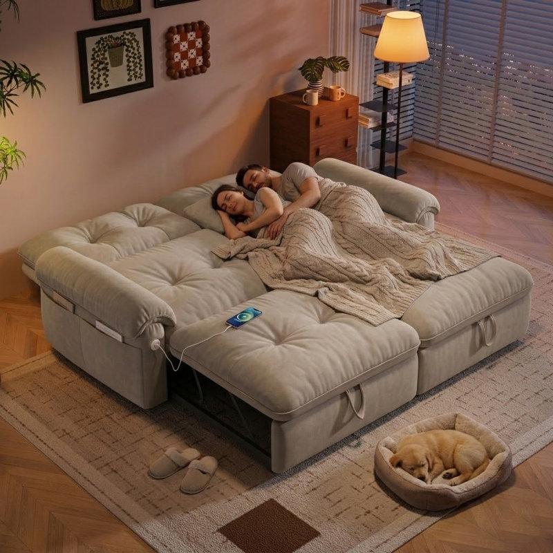 77" Convertible Sleeper Sofa with Pull-Out Bed, USB Ports & Side Pockets, Loveseat Couch for Living, Brown, Brown