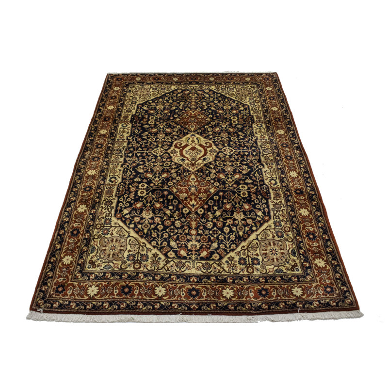Tapis bleu marine foncé en laine noué à la main de conception unique 6 pi x 9 pi années 1980 Ferra