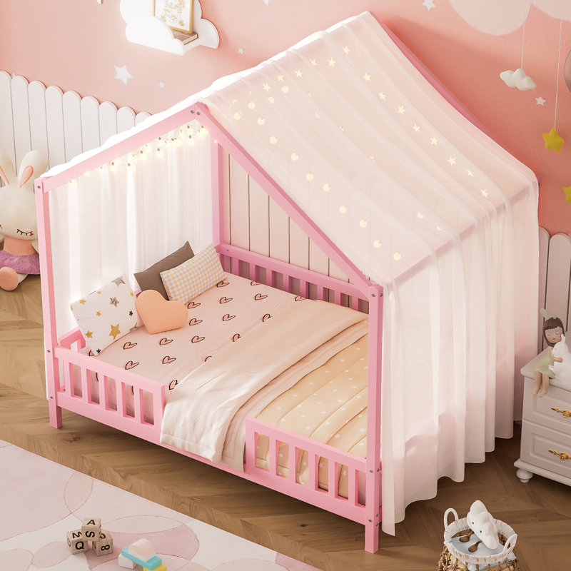 Rozlynn House-Shaped Bed with Canopy & High, Full, Pink