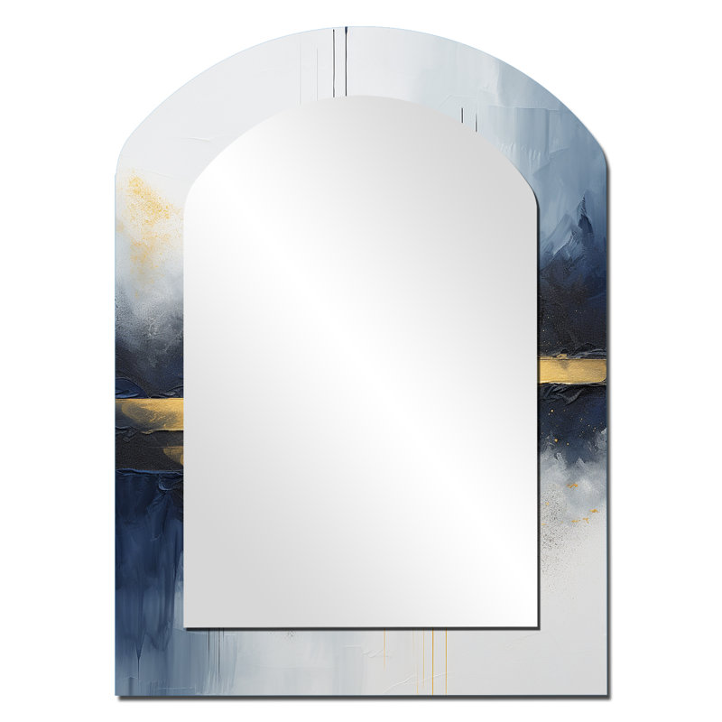Blue and yellow marble storm IV - Abstract Painting Arch Unique Wall Mirror Decor, Blue Asymmetrical Large Mirror, Printed Metal Art