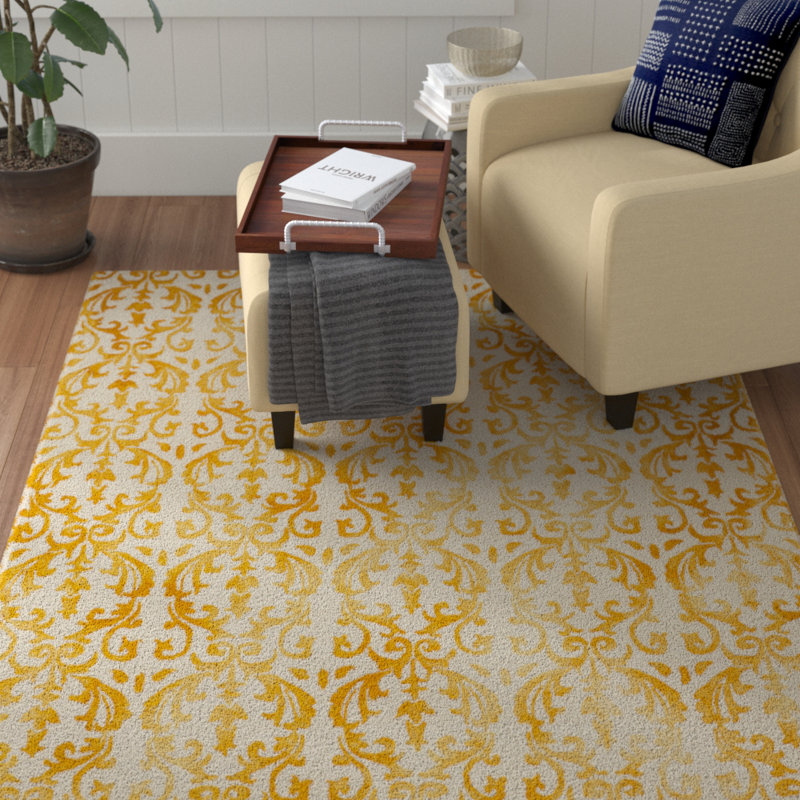 Berman Hand Tufted Wool/Cotton Floral Rug in Ivory/Gold, Rectangle 8' x 10'
