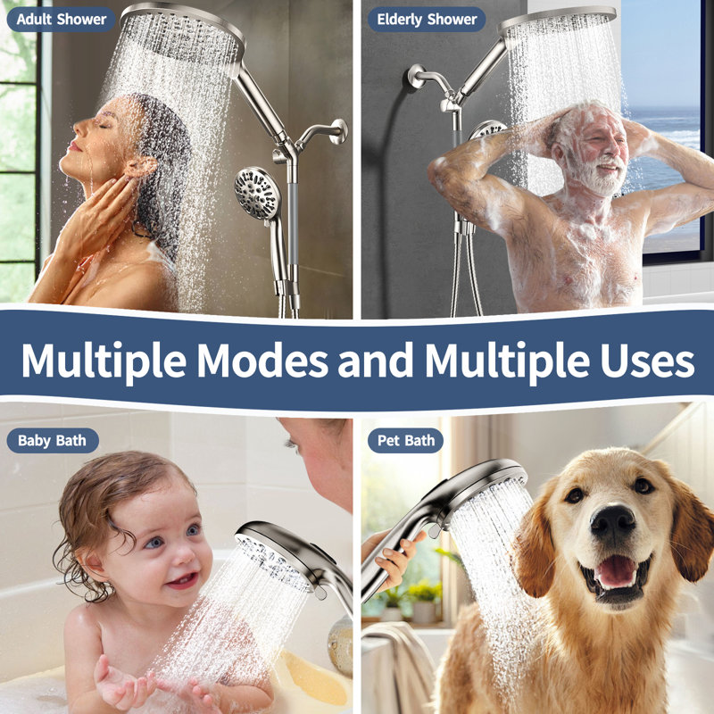 Brushed Nickel High Pressure Dual Shower Head Combo With 9-Mode Handheld And 79" Hose, Brushed Nickel