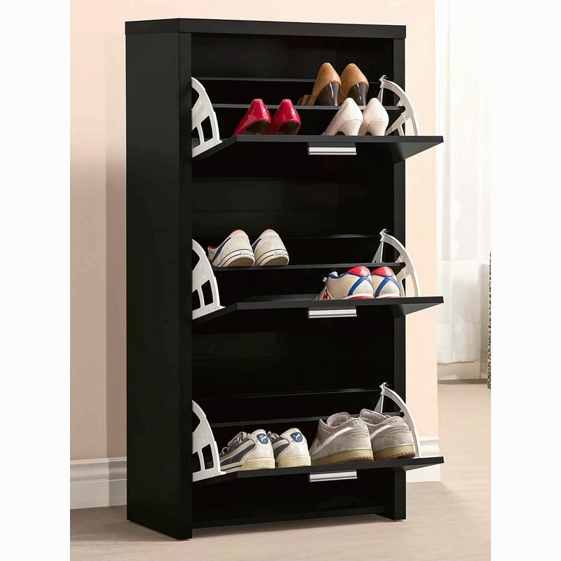 Étagère à chaussures noire avec 3 tiroirs pour une chambre à coucher élégante et 3 espaces de détente de style sophistiqué