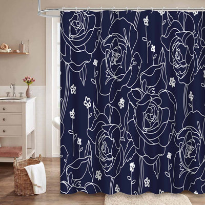Floral Roses Modern Blue Dark Navy Shower Curtain with 12 Hooks