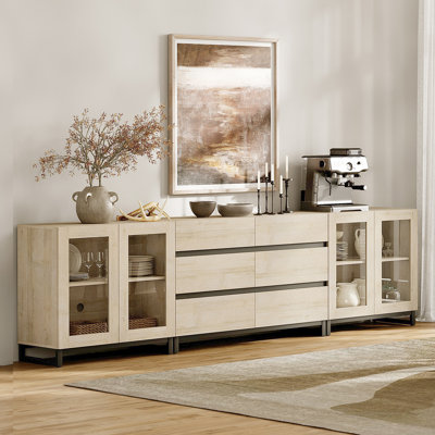 3 In 1 Multifunctional Sideboard Buffet Cabinets With Glass Doors And 6 Drawers, Modern Sideboard Credenza With Adjustable Shelf And Metal Base, Coffee Bar Cabinet Storage Cabinet