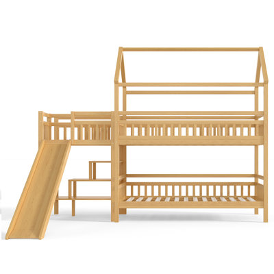 Natural Twin House Bunk Bed with Slide and Storage Stairs, Kids Wood Playhouse Bed Frame Space-Saving Design