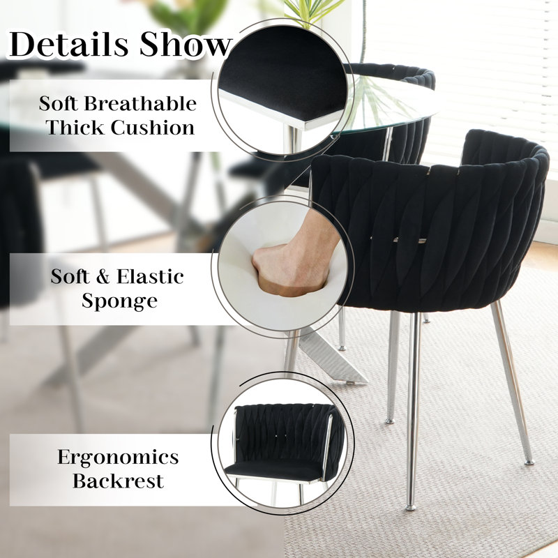 Modern Round Tempered Glass Pedestal Dining Set with Velvet Woven Dininig Chair, Black/Silver, White/Silver
