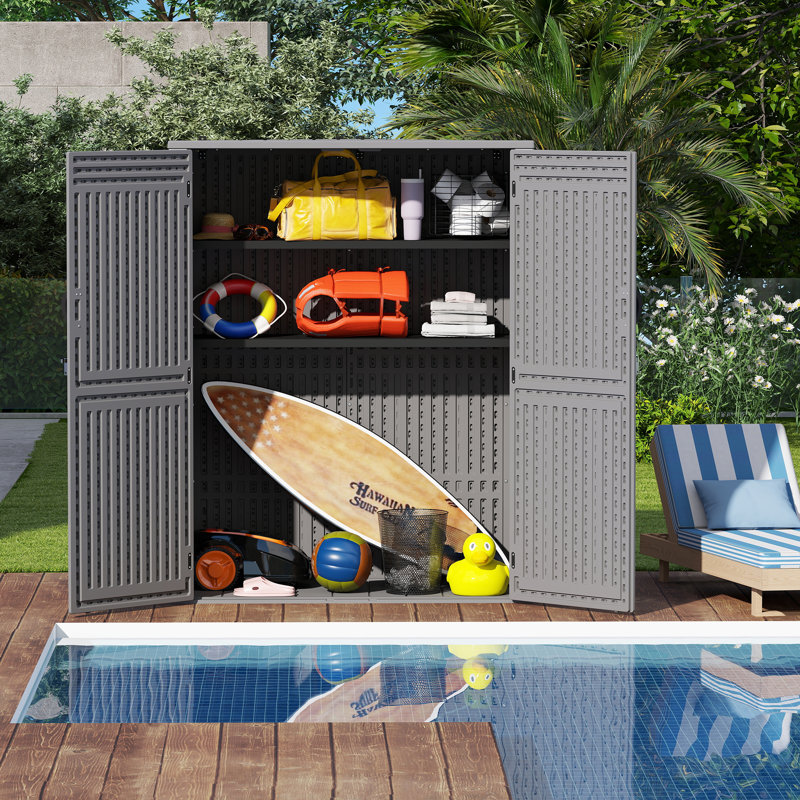 EHHLY Vertical Resin Storage Shed, 60 Cuft Garden Tool Sheds & Outdoor Storage, Plastic Outdoor Storage Cabinet Waterproof, 5.6 x 2.3 ft Backyard Outside Lawn Mower Storage Shed