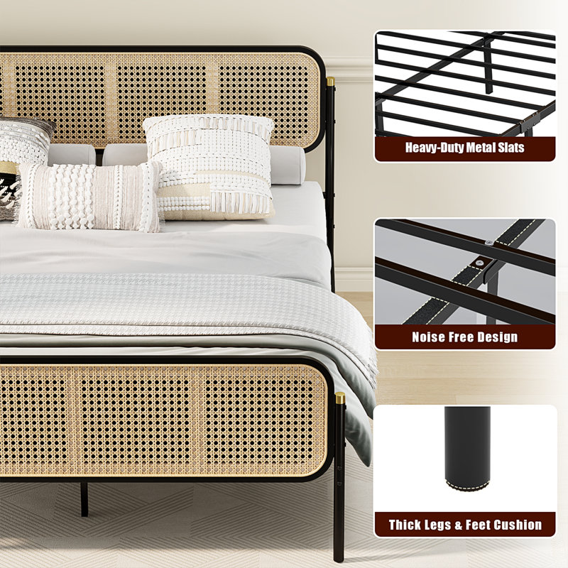 Ceira Rattan Bed Frame With Headboard, Boho Bed Frame Platform, Full