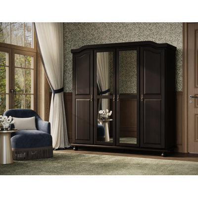 Kyle 100% Solid Wood 4-door Wardrobe Armoire with Mirrored Doors