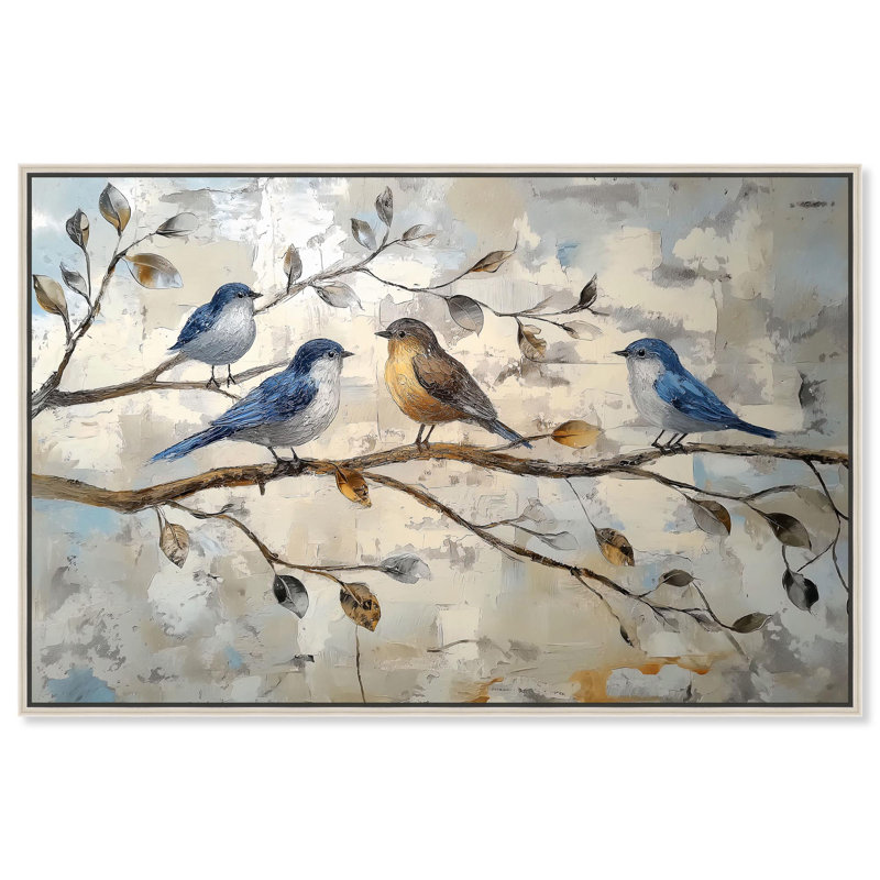 Art campagnard sur toile ocre et oiseaux bleus par Art Remedy, Cadre argenté, H 37 po x l 55 po