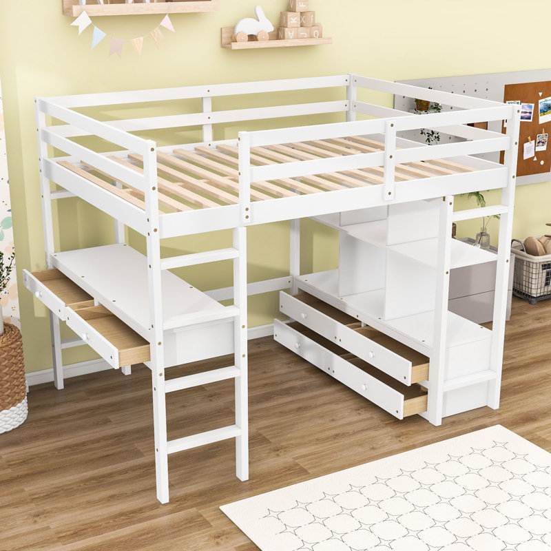 Lit mezzanine double avec bureau intégré et tiroirs de rangement, tablettes