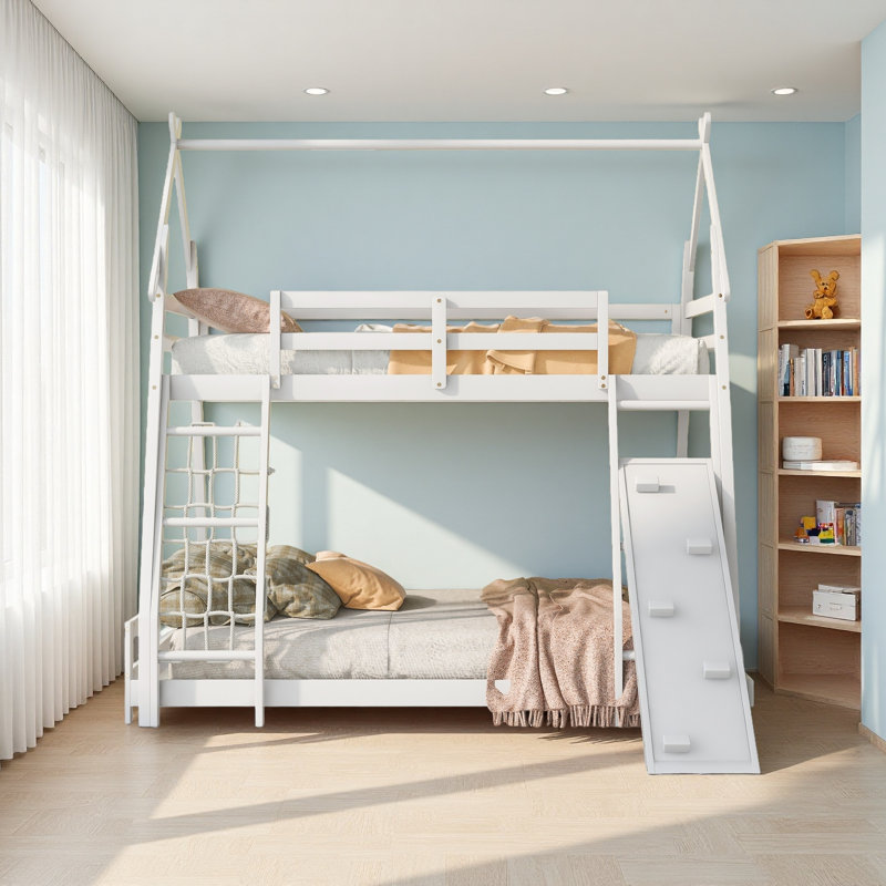 Lit superposé simple au-dessus de grand lit avec filets d'escalade et rampe d'escalade, Blanc
