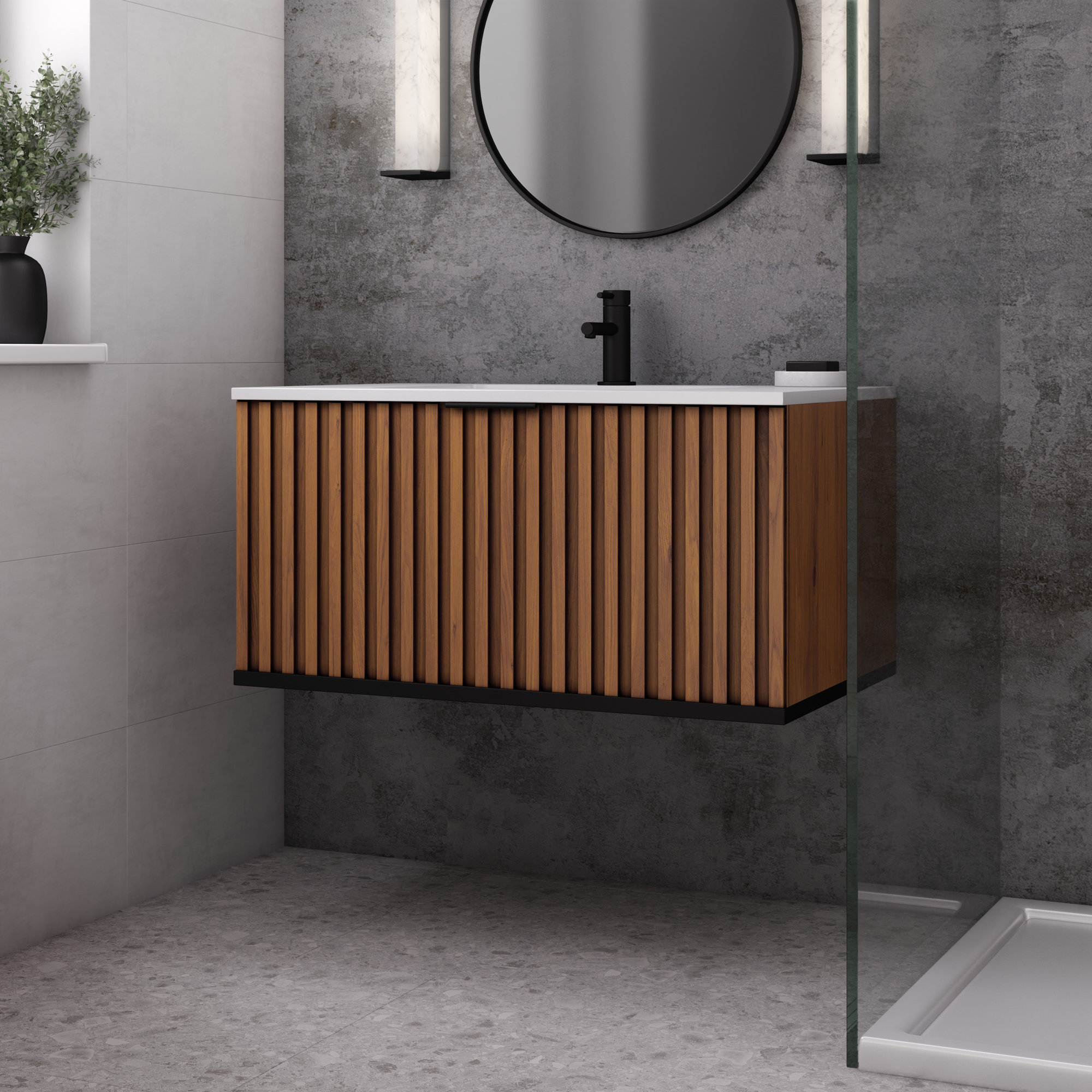 Terra 36'' Single Bathroom Vanity, White Granite, Matte Black, Walnut