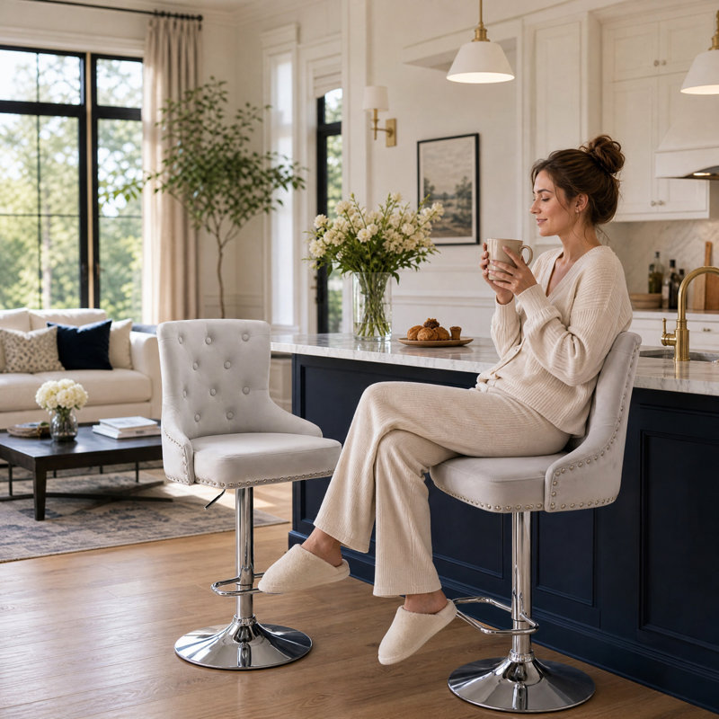 Avryn Velvet Adjustable Swivel Bar Stool, Light Gray, 2