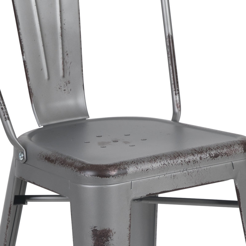 Commercial Grade Distressed Metal Indoor-Outdoor Counter Height Stool with Back, Counter Stool (24" Seat Height), Grey