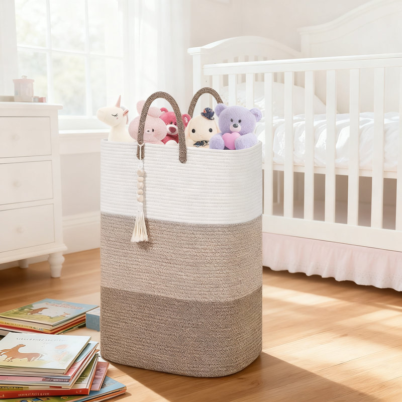 Woven Laundry Basket With Wooden Bead Tassel, Large Capacity Foldable Storage Hamper For Clothes, Toys And Home Organization, Durable Cotton Material For Bedroom And Nursery