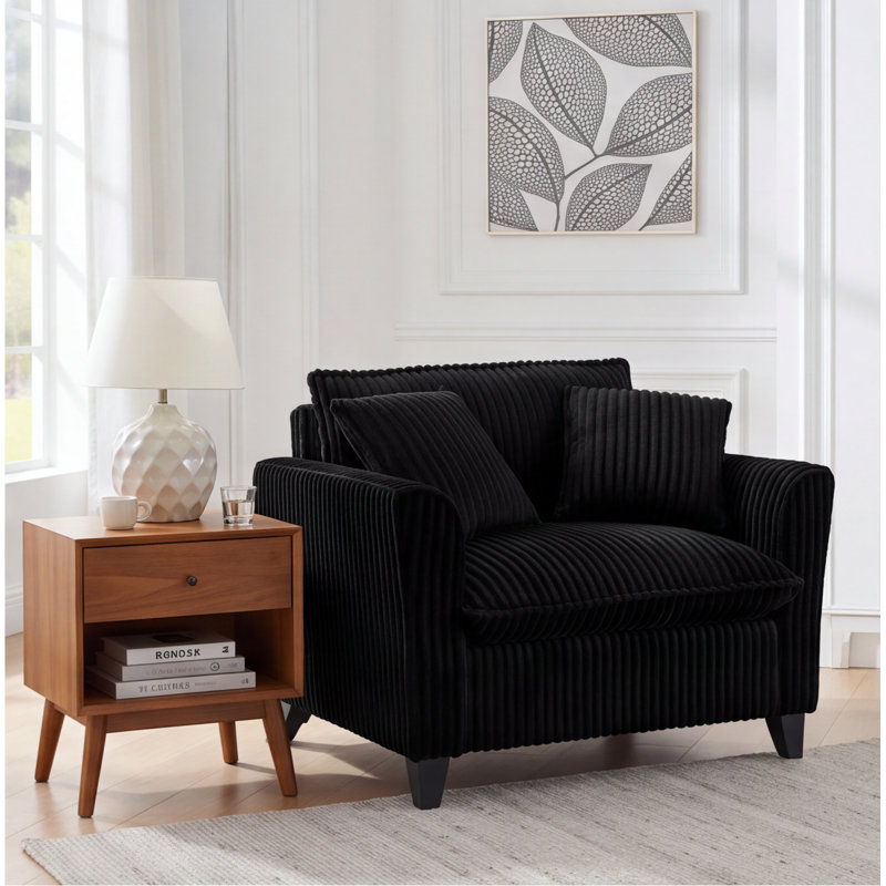 Fauteuil paresseux pour une personne avec accoudoirs, fauteuil en velours côtelé avec coussin en mousse souple et structure en bois, noir