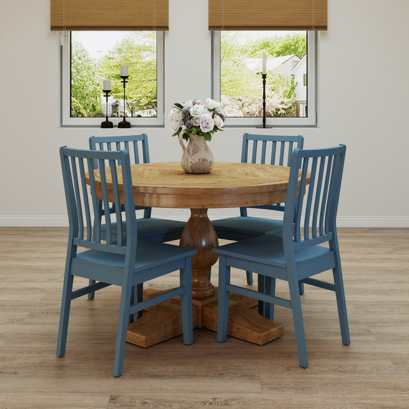 5-Piece Dining Set Mid-Century Modern Wooden Table & Upholstered Chair Set For Home, Kitchen, Dining Room, Blue, Walnut