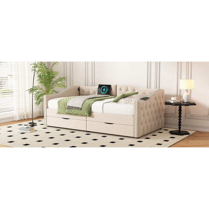 Lit de jour rembourré avec tiroirs de rangement, lit de jour simple en bois, avec ports USB et 2 tiroirs de rangement, aucun sommier nécessaire, beige