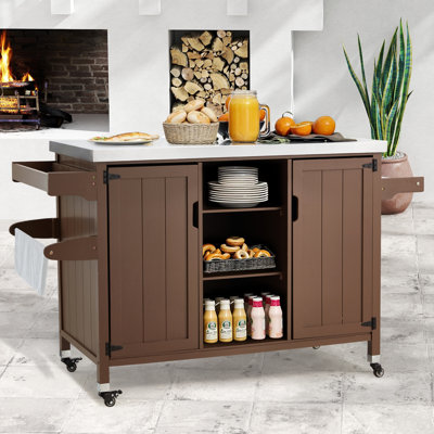 Solid Wood Outdoor Kitchen Island Grill Cart With Stainless Steel Top, Movable Patio Bar Cart With Storage Cabinet, Spice Rack, And Towel Holder