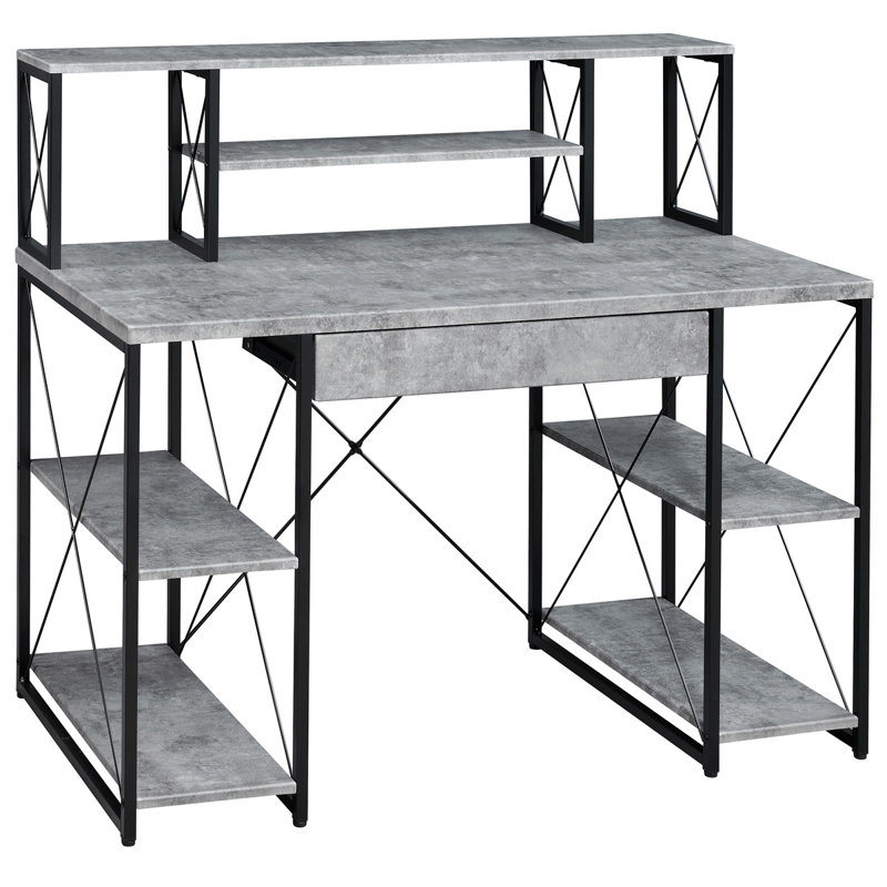 Bureau avec tablettes ouvertes et huche, Noir/gris