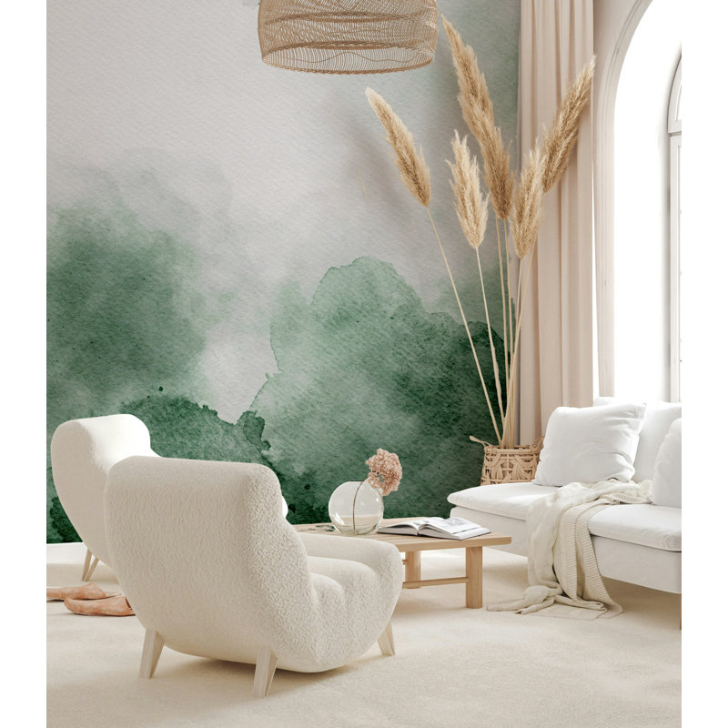 Papier peint abstrait vert aquarelle délavé, L 106 po x l 187 po