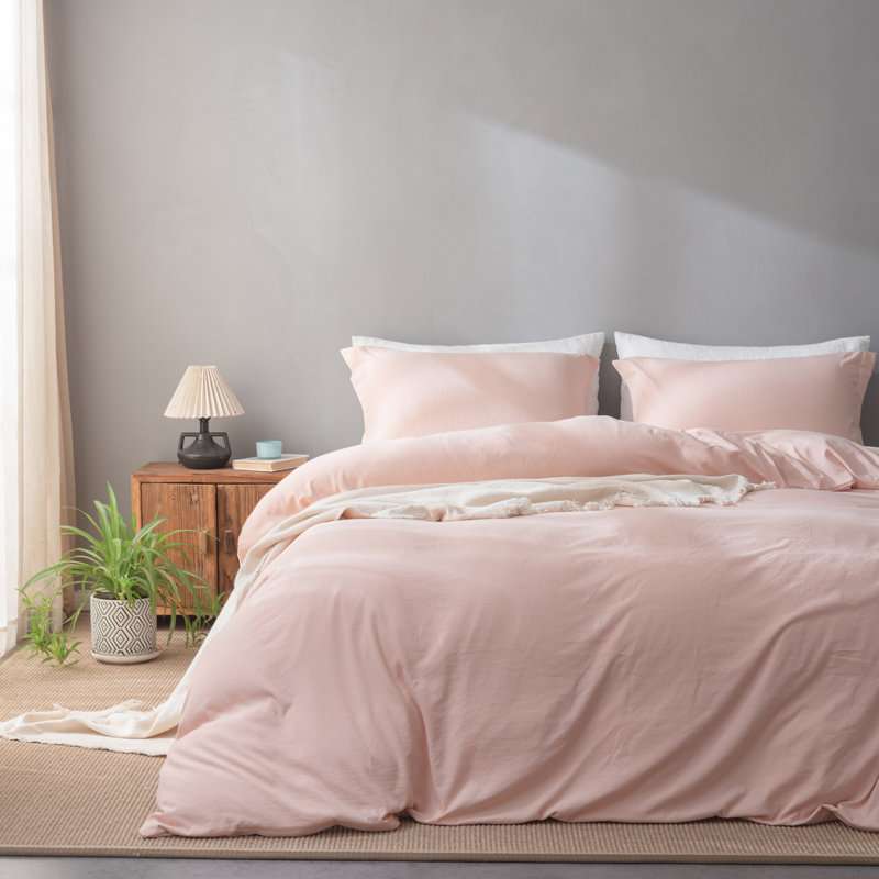  Ensemble de housse de couette respirante en microfibre lavée, Housse de couette double et 2 taies décoratives s, Mauve-rose