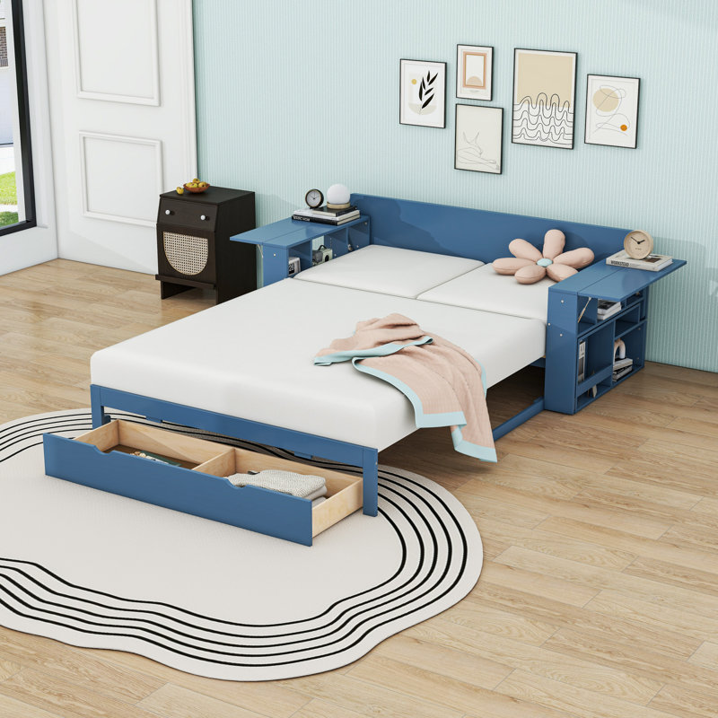 Multifunctional Daybed with Drawers and Desk,Shelves, Blue, Full/Double