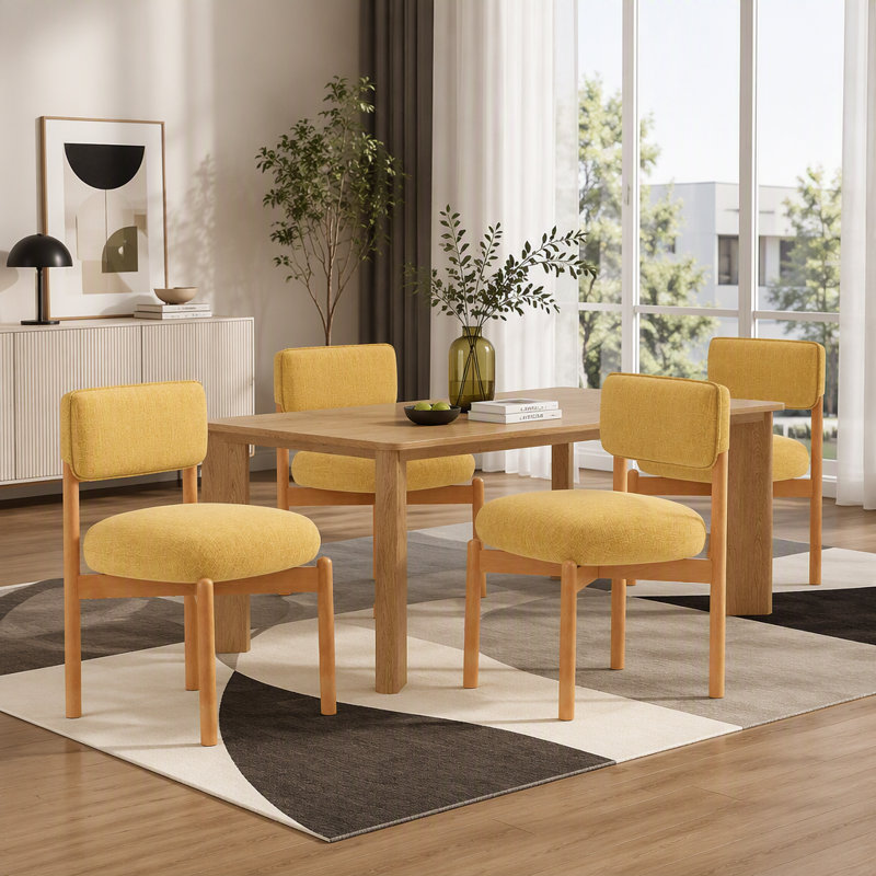 Chaises de salle à manger modernes en bois (ensemble de 2), chaises rembourrées en tissu de lin avec structure en bois massif et assise rembourrée