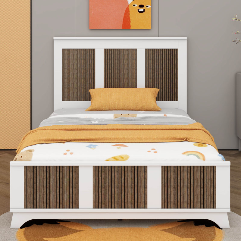 Contemporary Farmhouse-Style Wood Platform Bed Featuring Wooden Strip Accents, Full, White