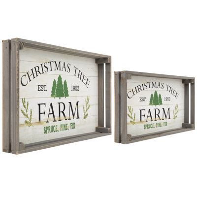 Gray and White Farm Fresh Christmas Trees Wooden Tray Hanging Signs