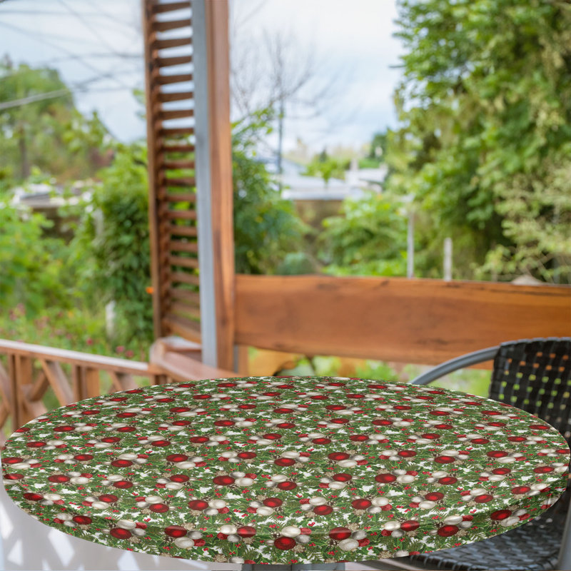 The Holiday Aisle® Christmas Fitted Round Tablecloth Diameter Red Green Grey, 64.17" Round