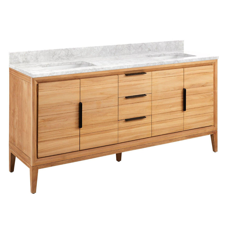 Aliso 72" Double Bathroom Vanity, Carrara Marble, No Faucet Hole, Natural Teak