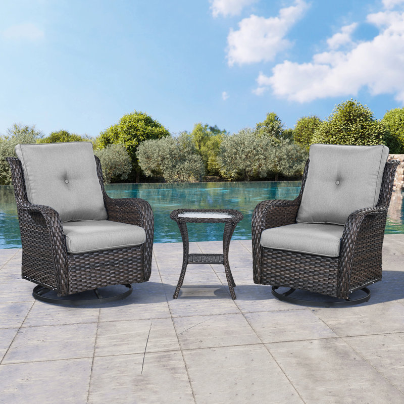 Schutt 3 Piece Patio Set Outdoor Wicker Glider Rocking and Swivel Chairs with Cushions, Gray, Brown