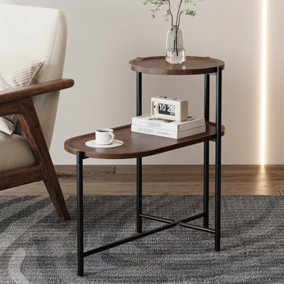 Table basse élégante avec plateau rond et base ovale, couleur noyer brun, 2 compartiments de rangement pour le salon