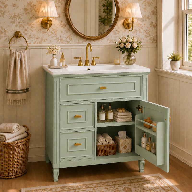 Ensemble de meuble-lavabo transitionnel avec lavabo en céramique, structure en bois massif, tiroir rabattable, tiroirs latéraux et armoire de rangement