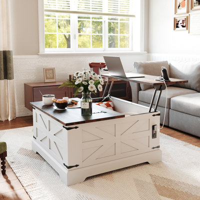 35.4'' Farmhouse Lift-Top Coffee Table With Charging Station, Hidden Storage & Flip Top, Square Wood Center Table For Living Room