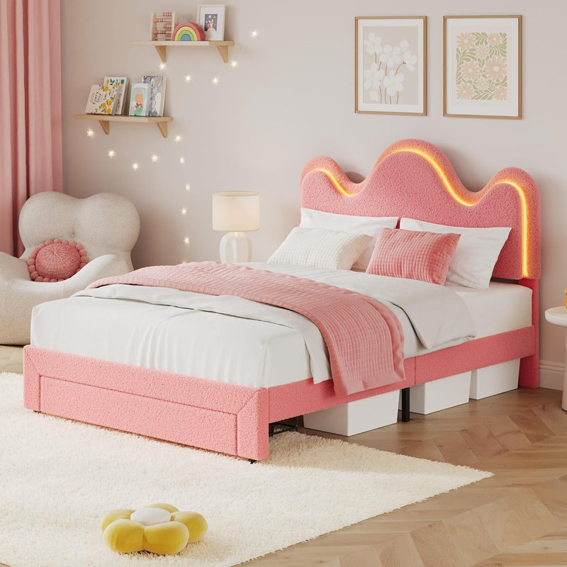 Lit plateforme double tapissier en velours avec lumière DEL, lattes de bois, chambre d'enfant, Lit double, Rose