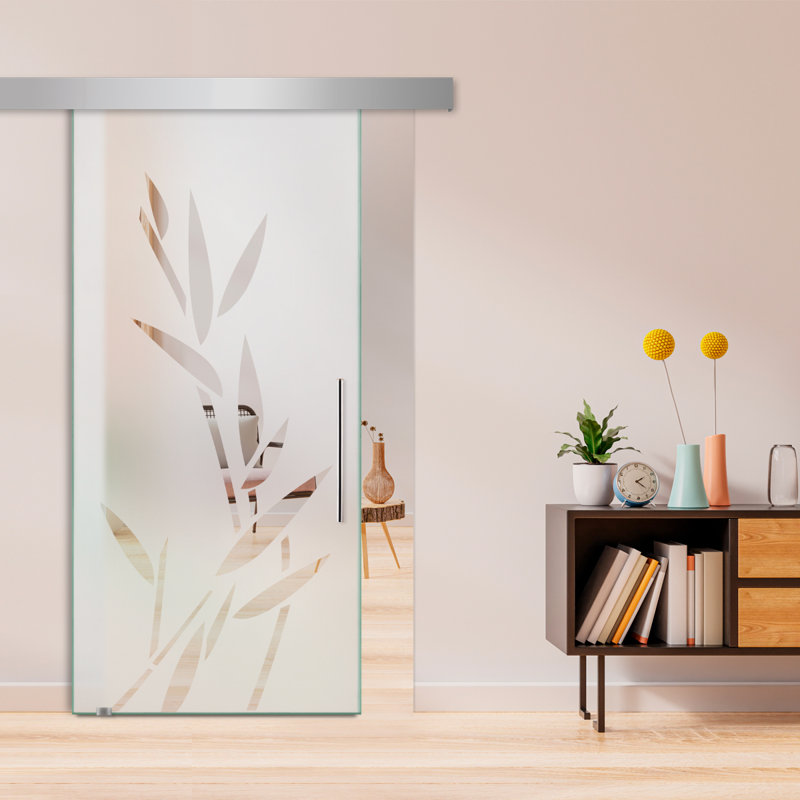 Porte de grange coulissante en verre sans cadre avec motif givré moderne et ensemble de quincaillerie (semi-privée)