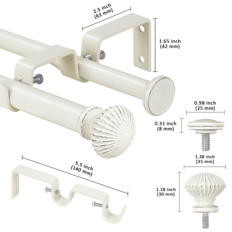 Tringle à rideaux double 5/8 po avec embouts de bateau, Blanc patiné, 48" - 84"