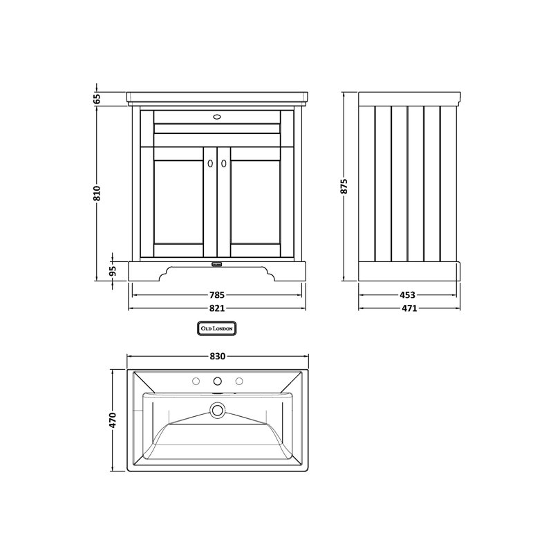 Old London 830 mm Freestanding Single Vanity with Integrated Basin, Grey
