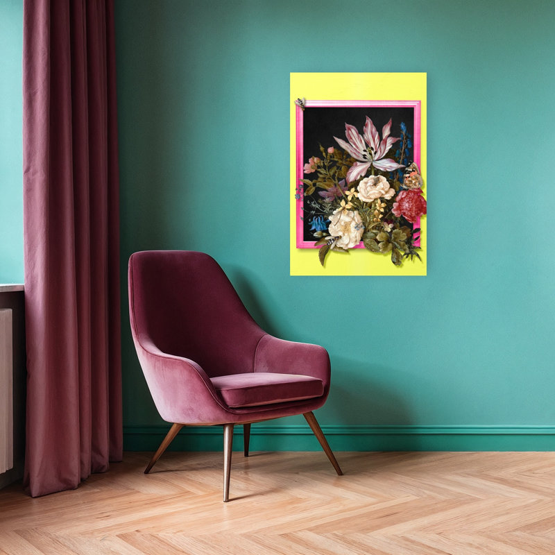 Vibrant Framed Bouquet Classic Colorful Elegant Butterfly Dragonfly Bee Flower Landscape Wall Art Print by Marja Van Den - Wrapped Canvas Print