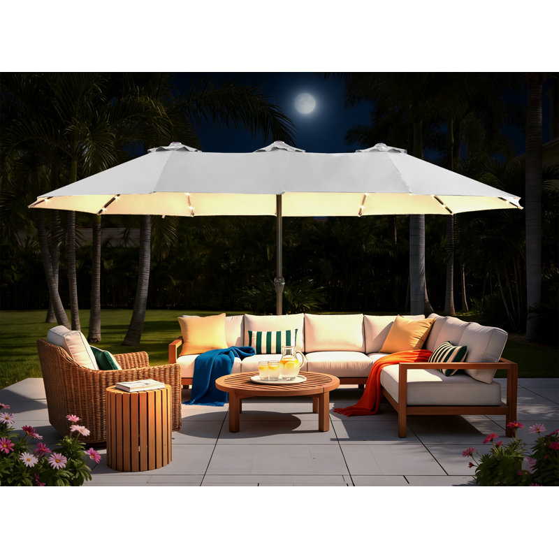 Grand parasol de patio 15 pi avec base et lumières gris, Gris