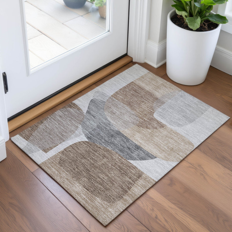 Machine Washable Indoor/Outdoor Xhevrie Mocha Rug, Rectangle 1'8" x 2'6"