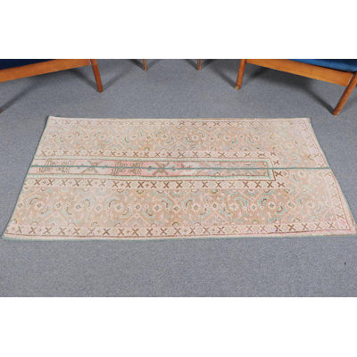 Vintage Turkish Patchwork Rug in Muted Oushak Style for Bathrooms with Soft Washable Wool in Beige