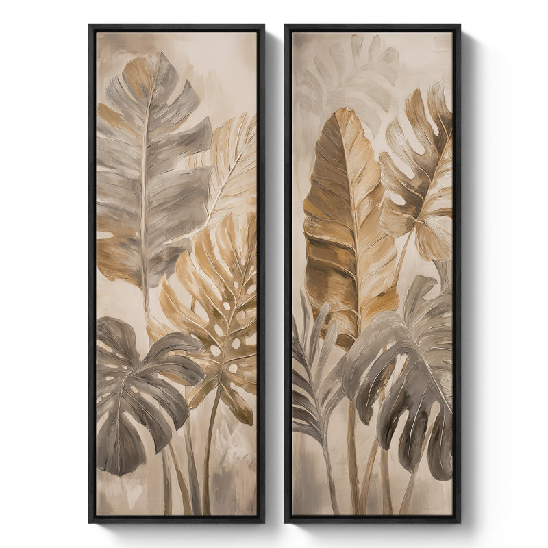 «Warm Neutral Tropical Leaves Botanical Diptych», ensemble de 2 reproductions d'art encadrées sur toile 60 po x 20 po x 2 pièces, 60 po x 30 po x 2 pièces