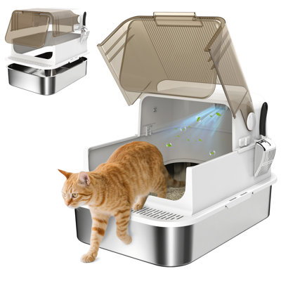 Enceinte de litière pour chat facile à nettoyer avec pelle et couvercle rabattable blanc